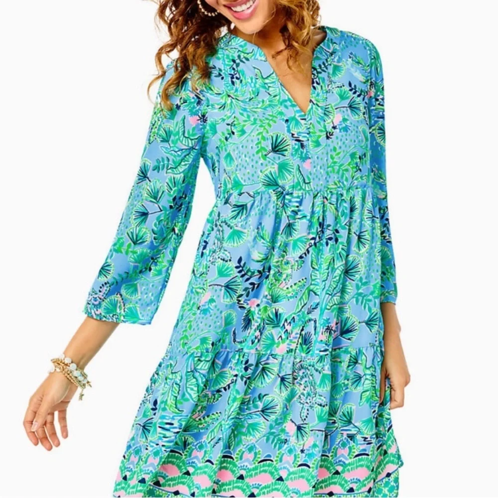 Lilly Pulitzer Turquoise Floral Tiered Dress with Pink Accents - Picture 2 of 2